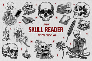 Skull Reader Illustration Bundle, an Illustration by Tekuni