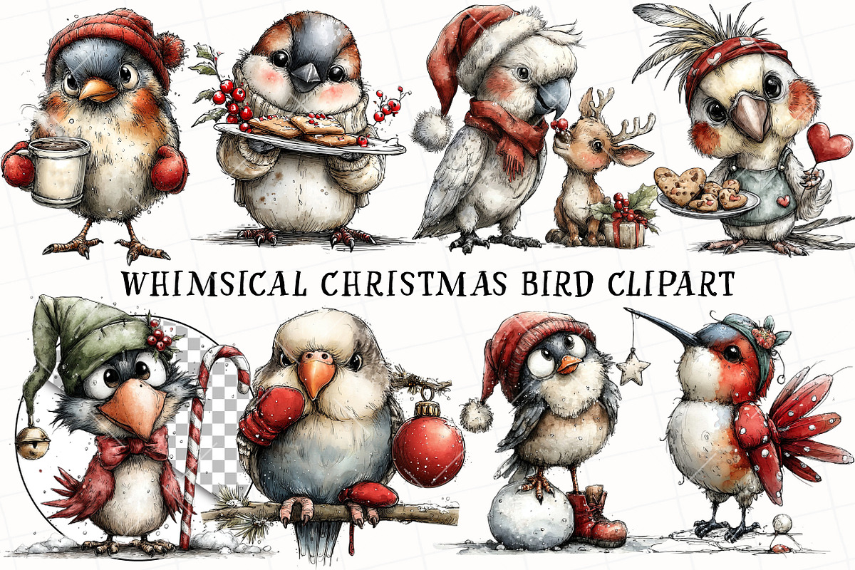 Whimsical Christmas Bird Clipart, an Illustration by OK Design (Photo 2 of 6)