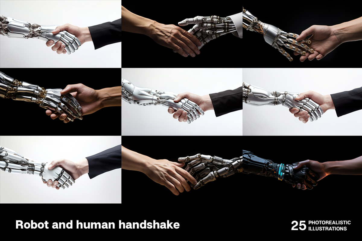 Robot and human handshake. 25 images, a Technology Illustration by Handmadefont (Photo 2 of 10)