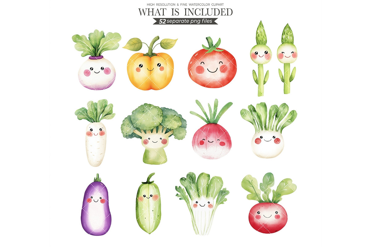 Cute Vegetables Watercolor Clipart, an Illustration by CharmClipart (Photo 2 of 10)