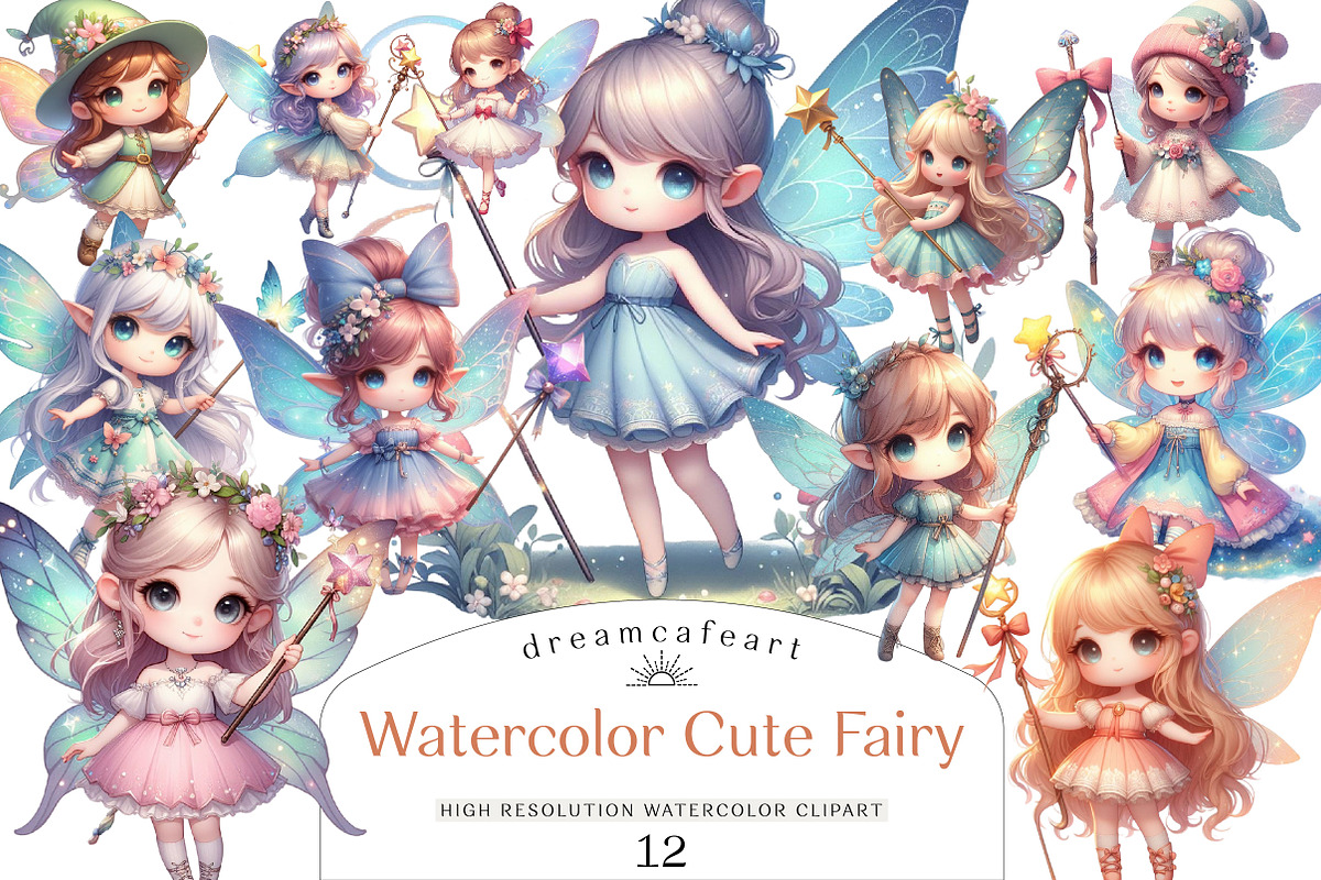 Watercolor Cute Fairy Clipart, an Illustration by DreamCafeArt (Photo 1 of 3)