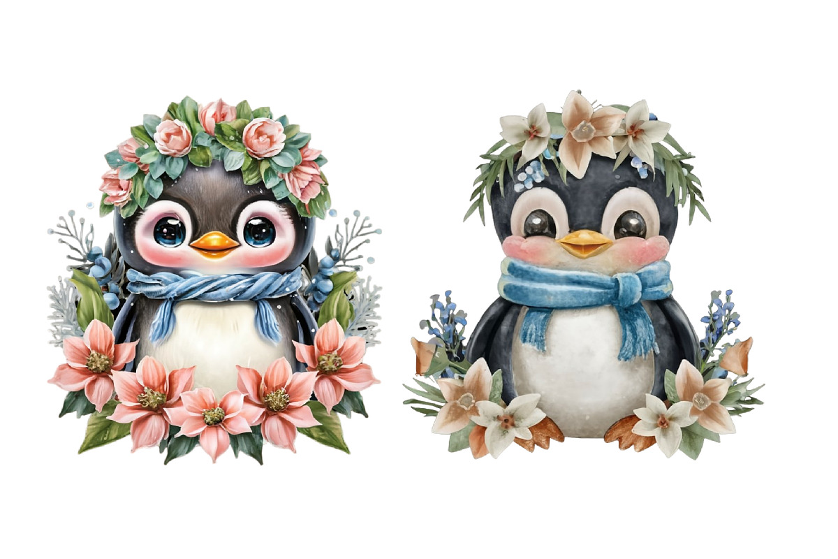 Watercolor Winter Penguin Flower, an Illustration by CraftArtStudio (Photo 3 of 4)