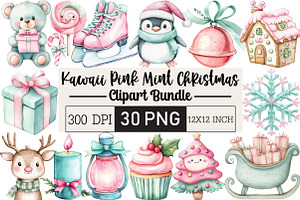 Kawaii Pink Mint Christmas Clipart, an Illustration by Black Bird Studio