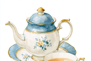 Vintage teapot and teacup with served tea, delicate watercolor illustration wit, an Illustration by Studio ANNA