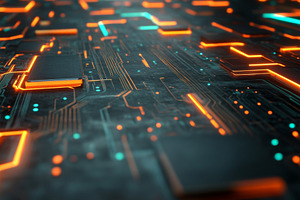 Futuristic circuit board with glowin, a Photo by Dvoevnore photos
