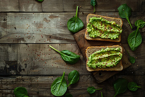 Toast bread with avocado puree on wooden table. Vegetarian food., a Food & Drink Photo by AlyaAnd