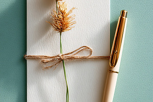 Simple note card with dried flowers and a gold pen on a teal background, a Photo by AlyaAnd