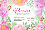 Watercolor pink peony illustrations, a Texture Illustration by svetodesign (Thumbnail 1 of 11)