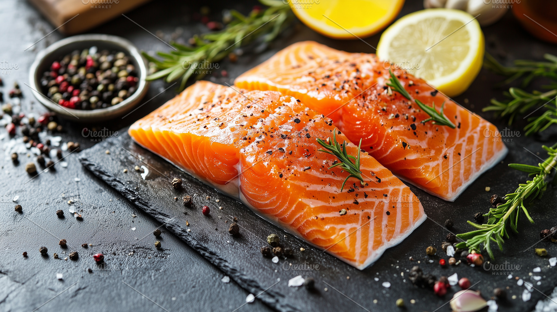 Two pieces of salmon with rosemary, a Food & Drink Photo by MistyDay