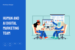 Human and AI Digital Marketing Team, a Technology Illustration by Partikusi Design