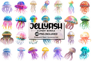 Watercolor Jellyfish Clipart Bundle, an Illustration by Pixels.Craft