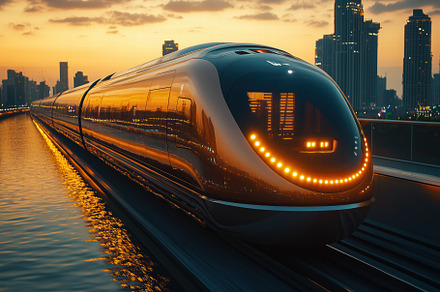 A futuristic train gliding along a track at sunset, reflecting the vibrant colo, a Transportation Photo by Textures & Backgrounds