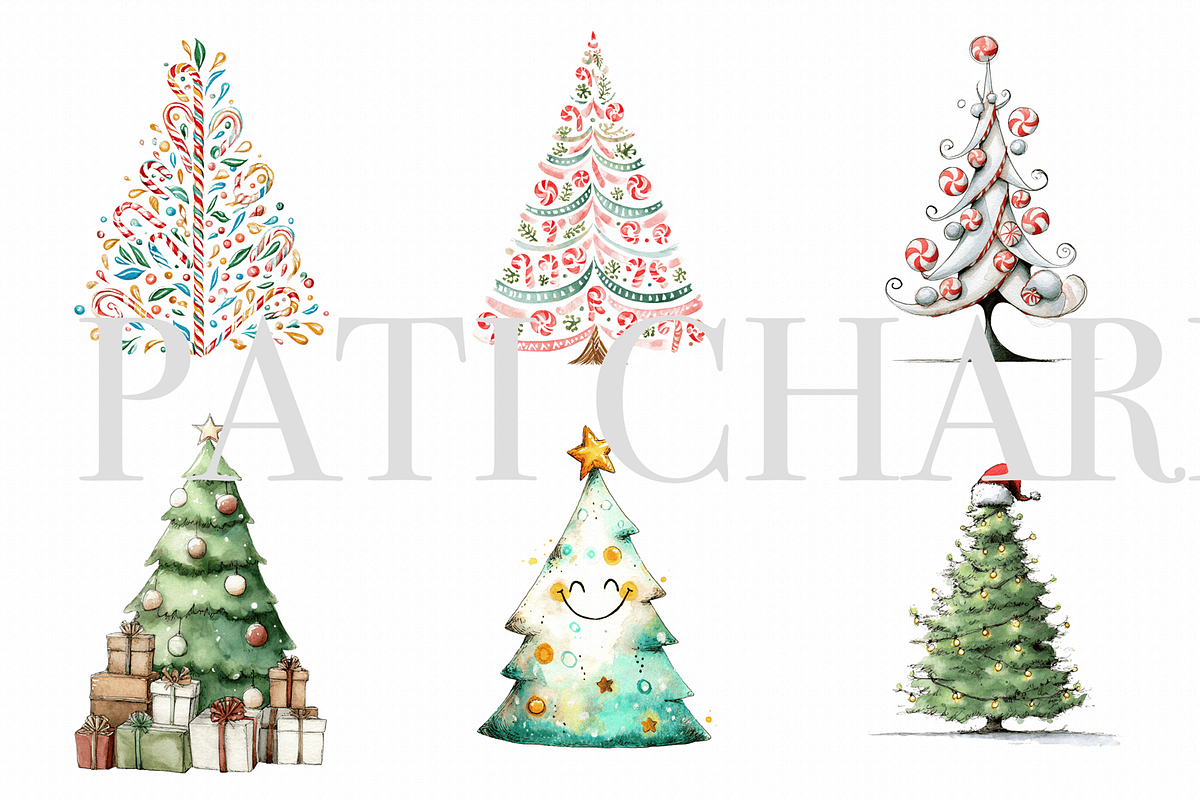Funny Christmas Tree Clipart Set, a Decorative Illustration by Pati Charm Studio (Photo 2 of 8)