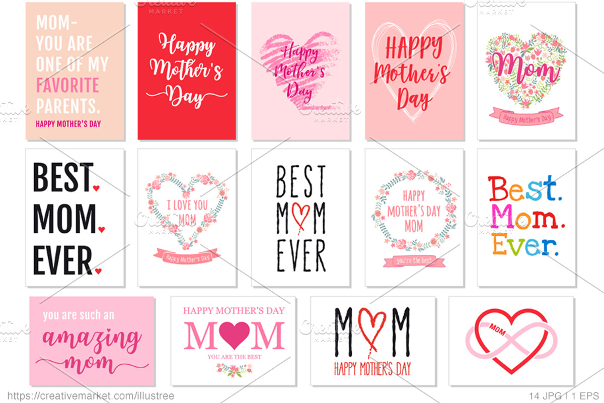 14 Mother's Day cards, vector set, a Graphic by Illustree