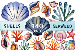 Watercolor Sea Shells & Coral Set