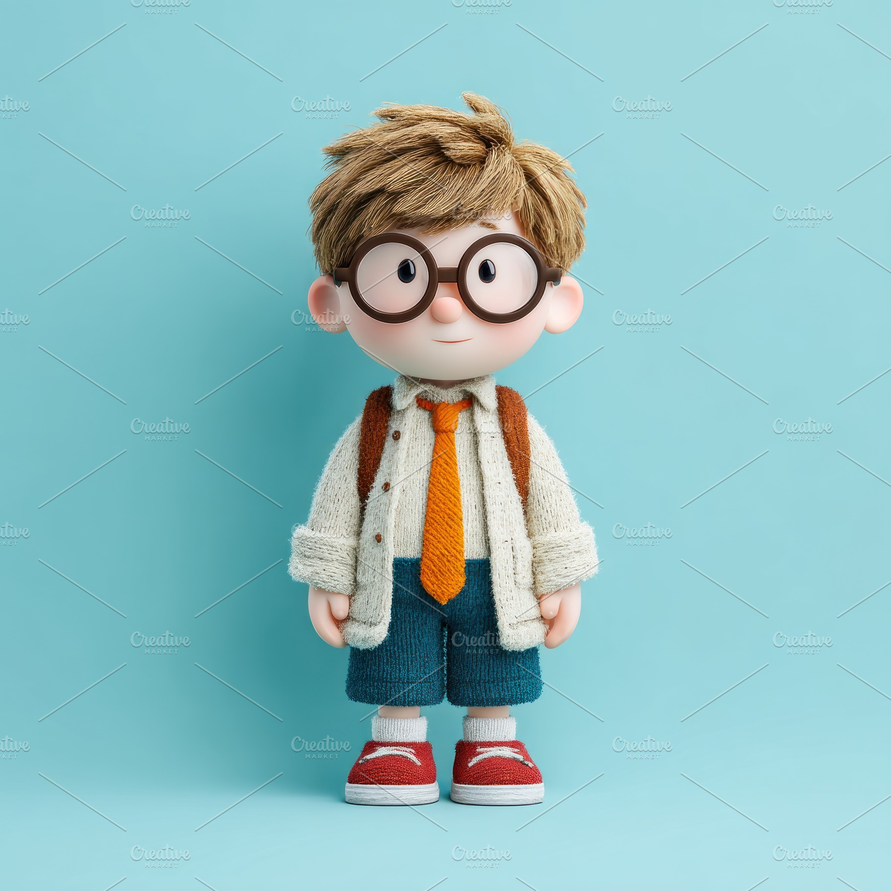 Cute cartoon boy with glasses wearing sweater shirt tie shorts a, a Person Photo by José Manuel Gelpi
