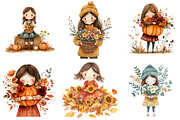 Girls with Fall Flowers Clipart, an Illustration by Watercolor design (Thumbnail 4 of 5)