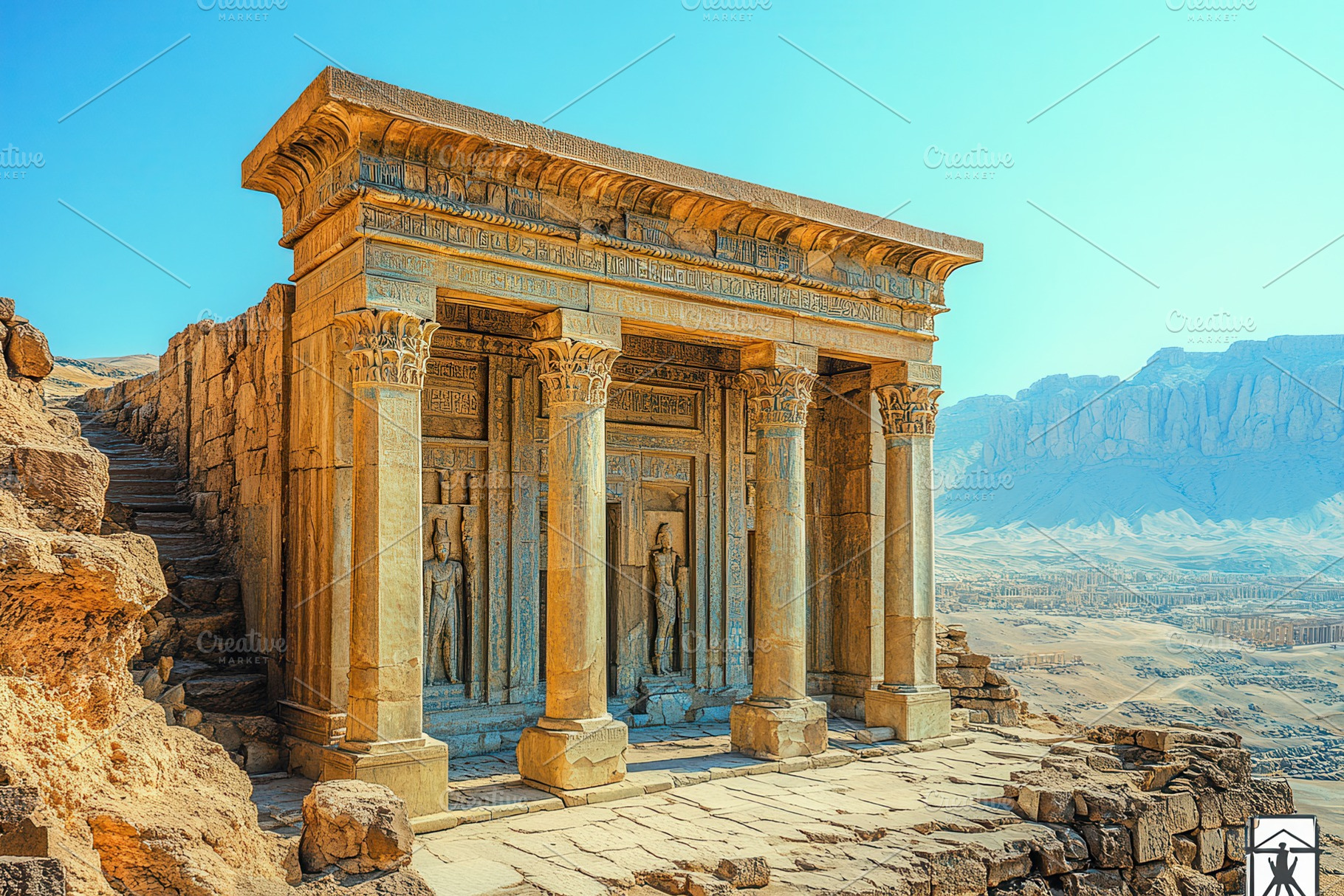Ancient temple in a desert landscape, a Photo by Tanuart