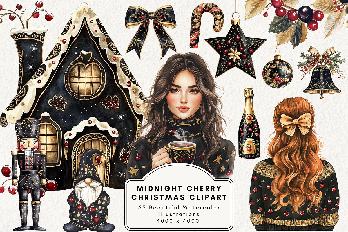 Midnight Cherry Christmas Clipart, an Illustration by NadiaTheronArt (Photo 1 of 6)