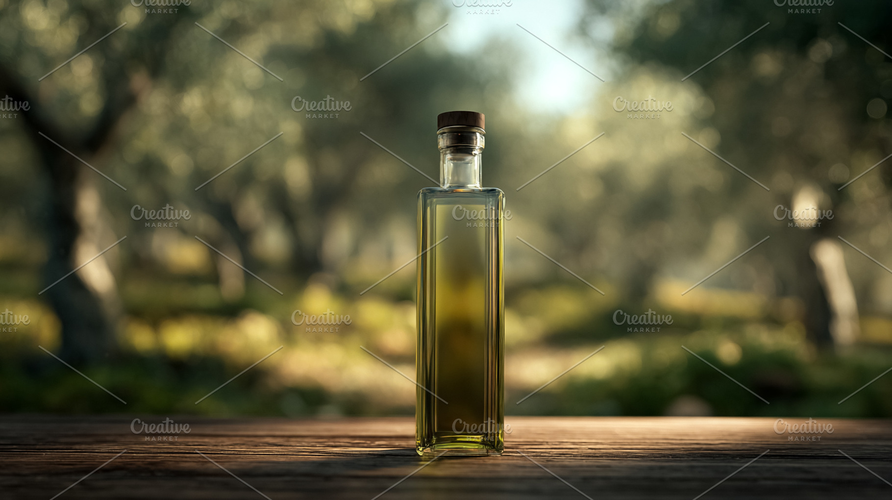 Olive oil bottle standing on a rustic wooden table, with an out, a Photo by Studio ANNA