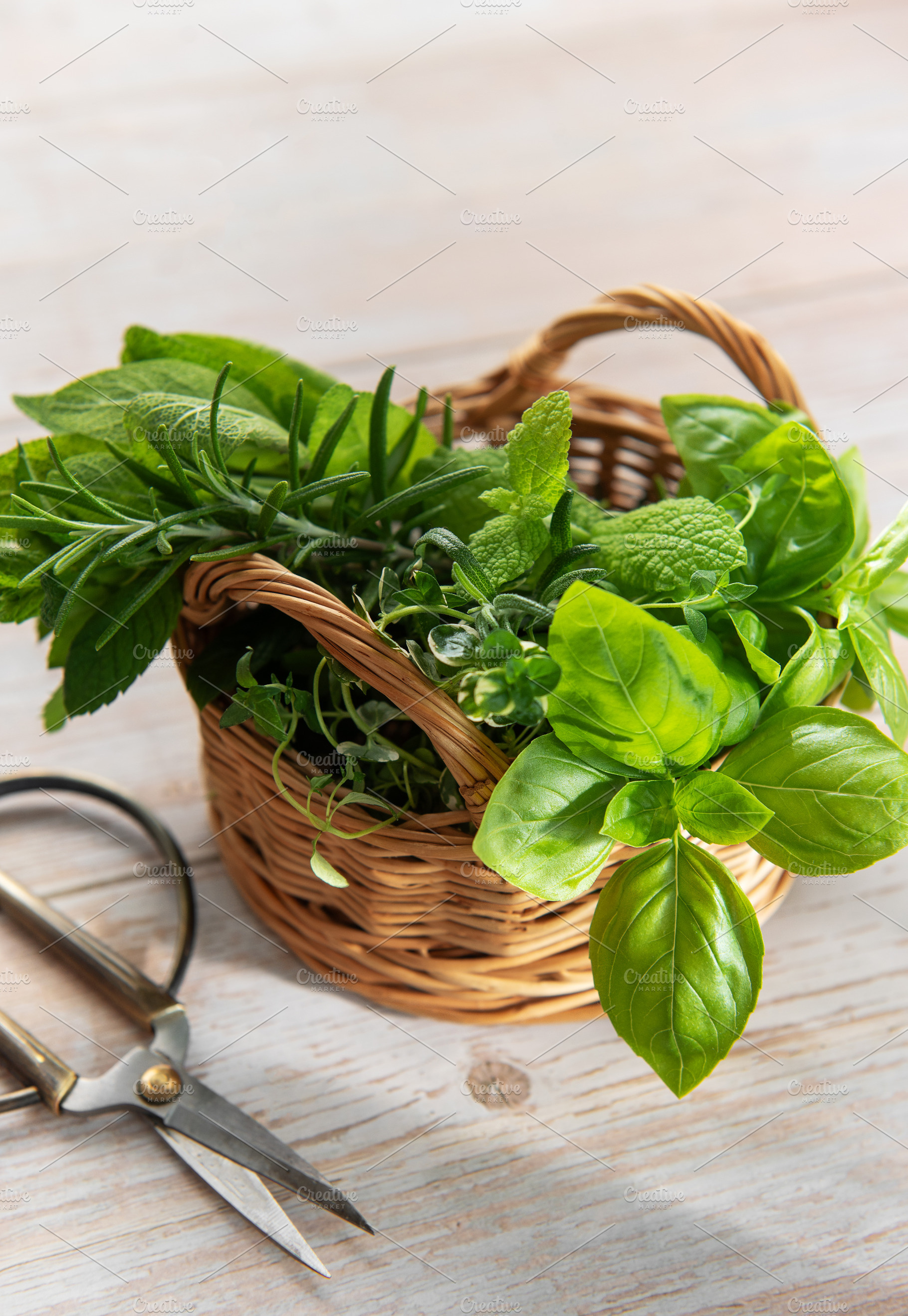 Fresh herbs harvest in basket with garden scissors, a Food & Drink Photo by Olena Rudo