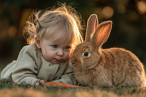 Adorable toddler girl lying on grass with cute brown rabbit at s, a Nature Photo by José Manuel Gelpi
