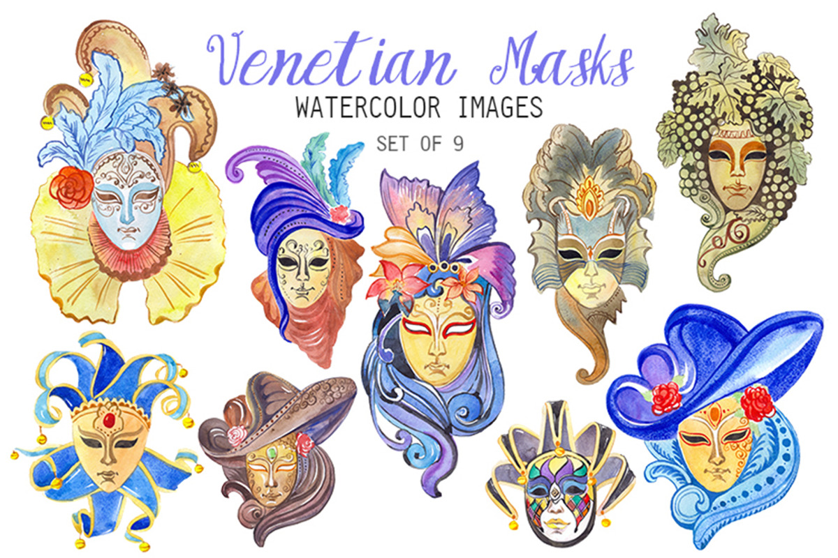 Watercolor Venetian Masks Clipart, a Decorative Illustration by YesFoxy