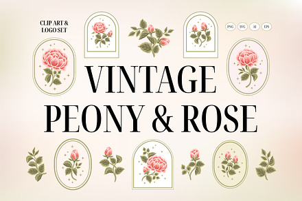 Vintage Peony & Rose Logo & Clip Art