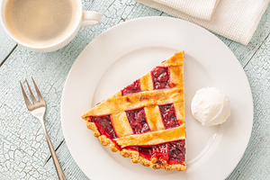 Cherry pie slice with melting ice, a Food & Drink Photo by Alexander Prokopenko