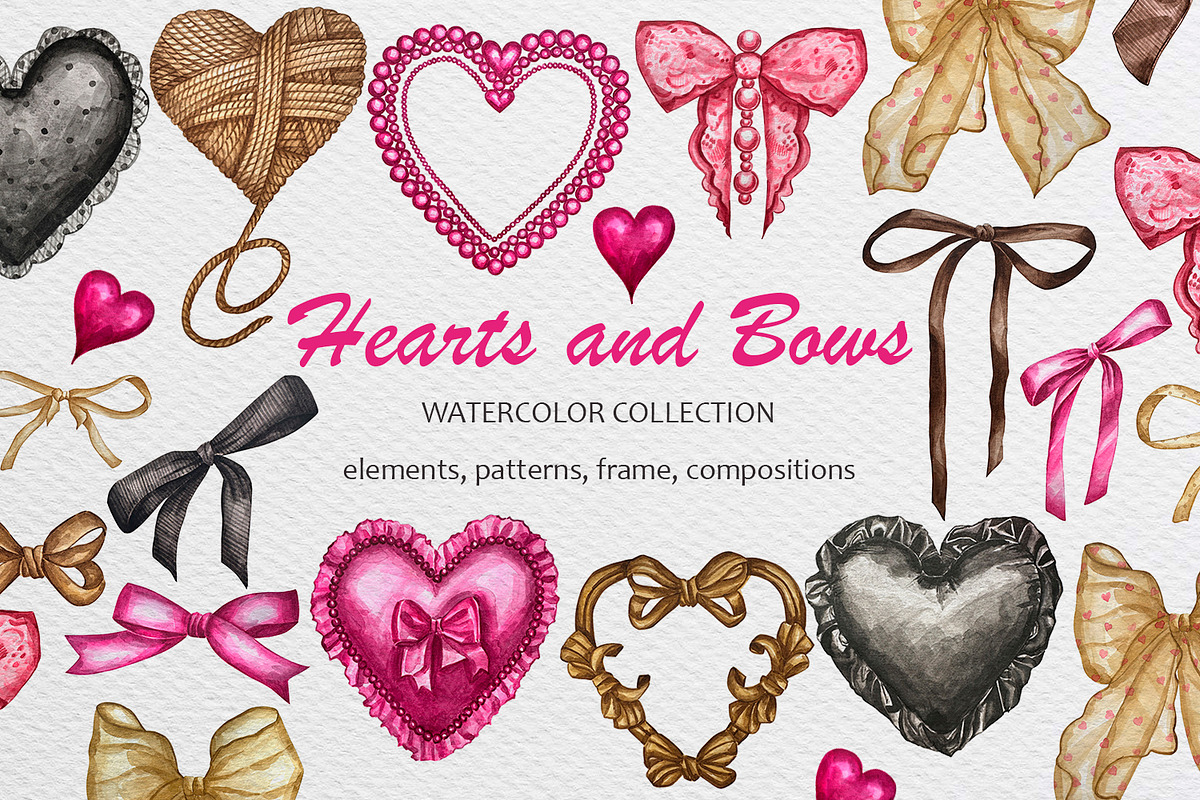 Heart Bows Ribbon Watercolor Clipart, a Decorative Illustration by Fresh art by Larysa (Photo 1 of 13)