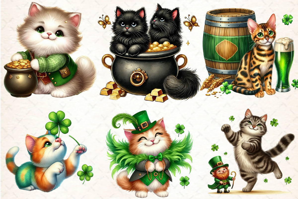 Watercolor St. Patrick's cat Clipart, an Illustration by DreamCafeArt (Photo 2 of 4)