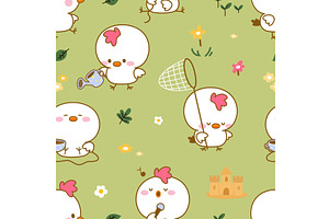 Cute chicken seamless pattern. White, an Animal Illustration by Valerie Bodnar