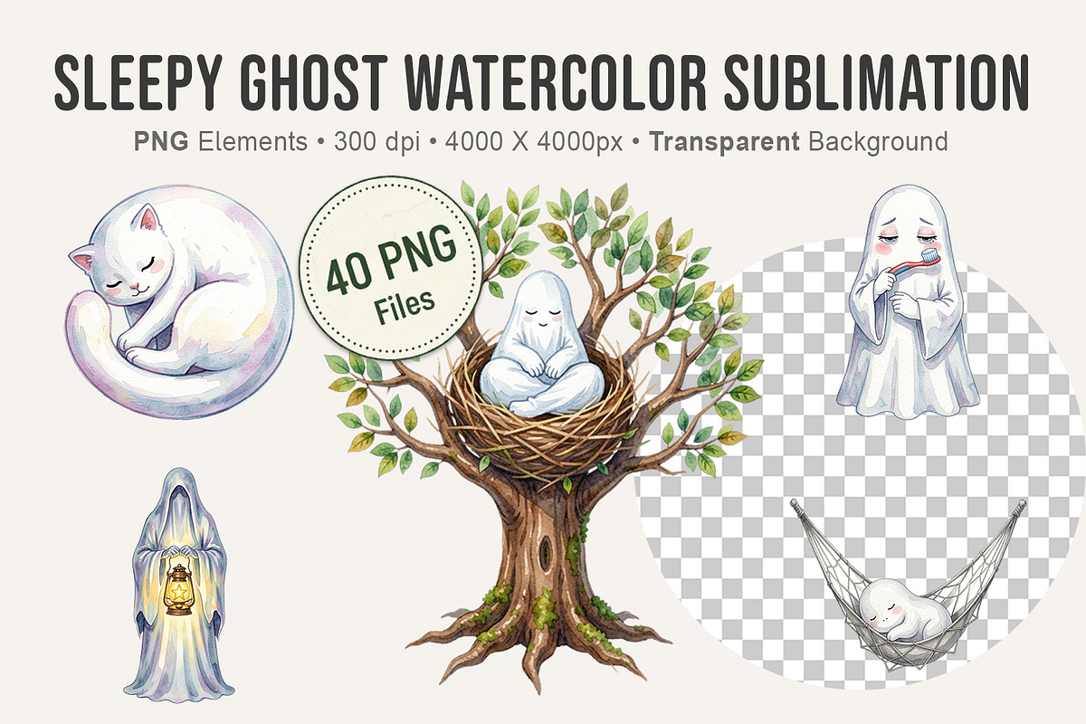 Sleepy Ghost Watercolor Sublimation, an Illustration by Artnoy (Photo 1 of 8)