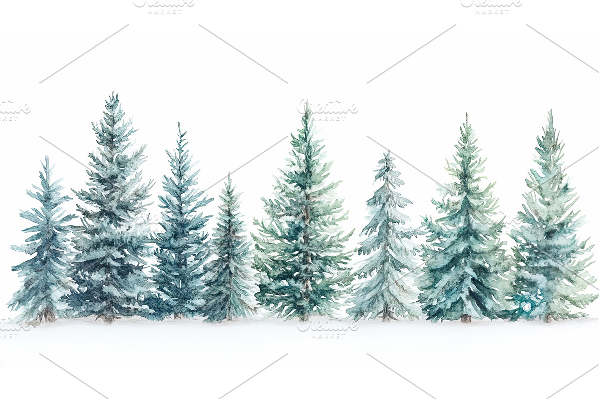 Watercolor evergreen trees in snow, an Illustration by Lermont51