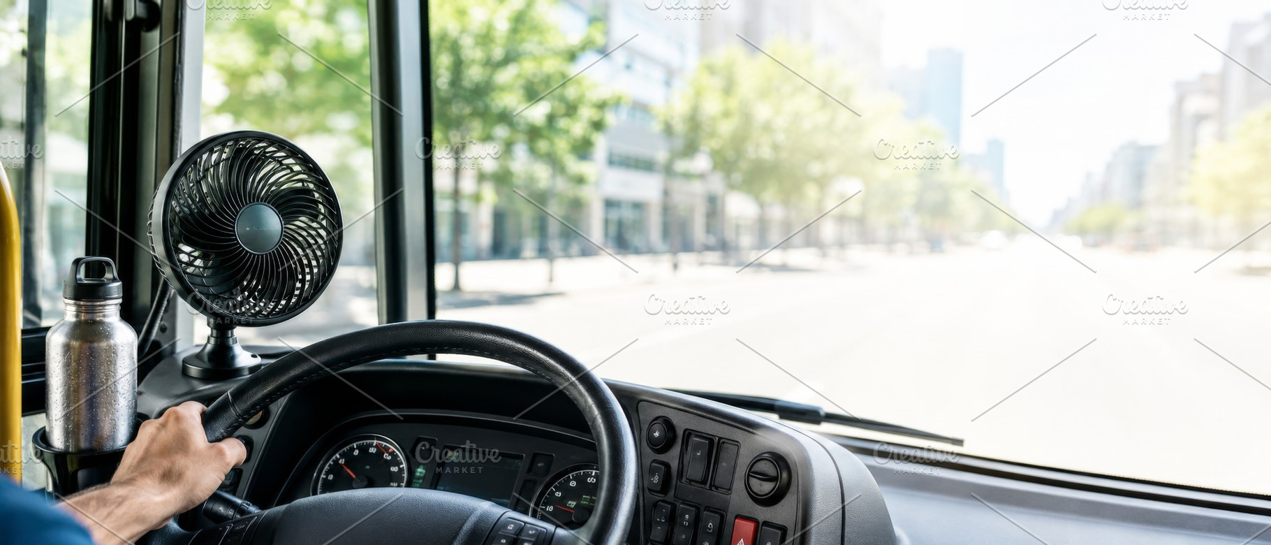 Bus drivers view of empty street wit, a Photo by Dvoevnore photos