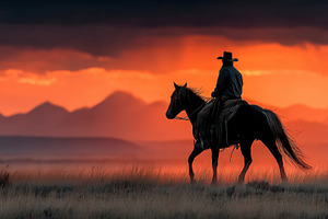 Cowboy riding horse through open prairie at dramatic sunset with, a Person Photo by José Manuel Gelpi