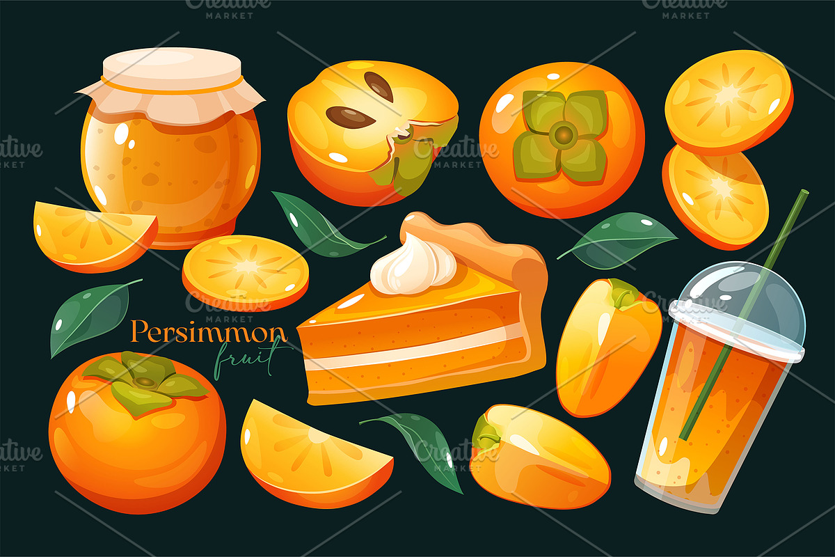 Persimmon fruit food set, a Food Illustration by Elen_Art