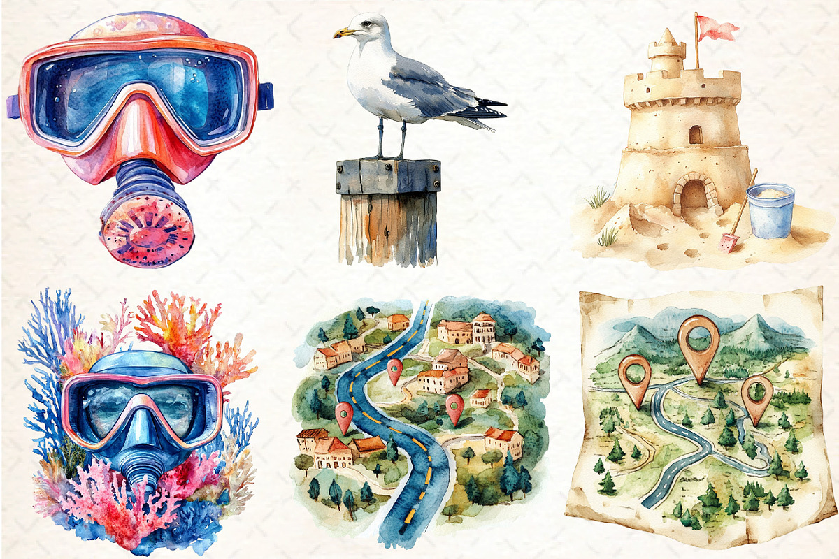 Watercolor Summer Vacation Clipart, an Illustration by DreamCafeArt (Photo 3 of 5)