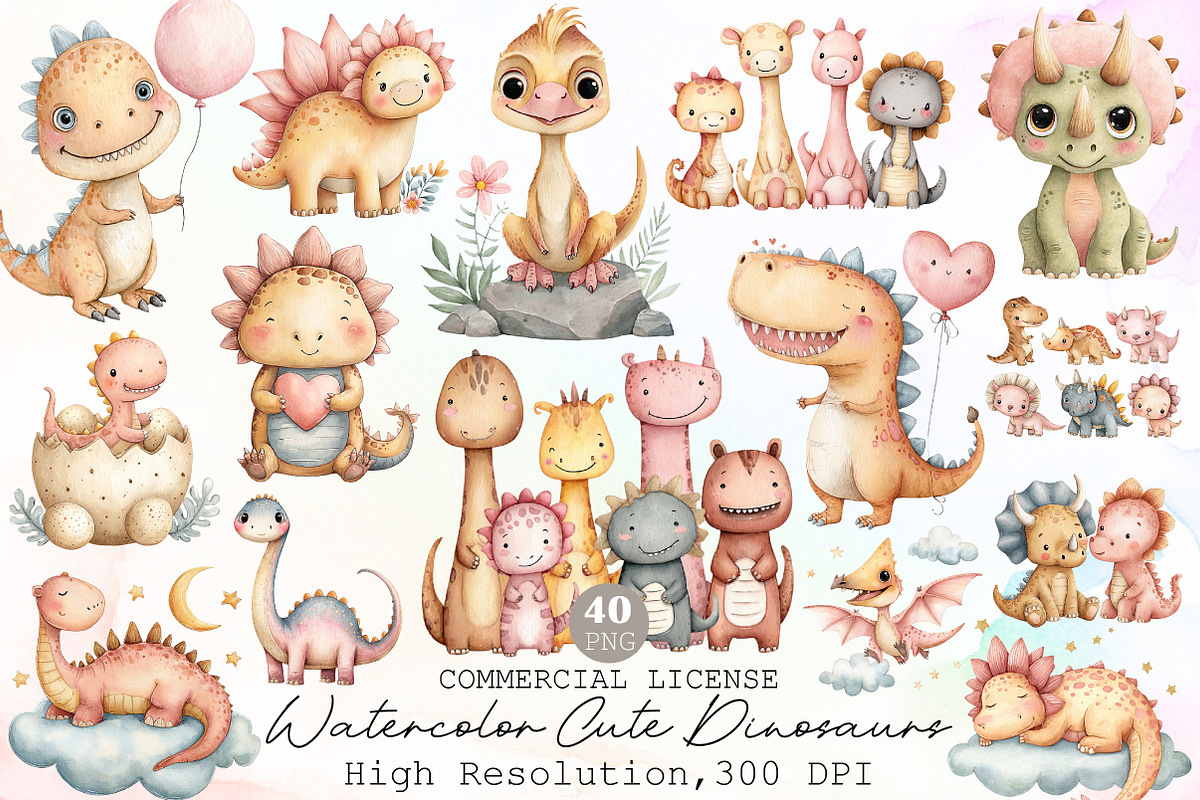 Watercolor Cute Dinosaurs Clipart, an Illustration by Sublimation Artist (Photo 1 of 6)