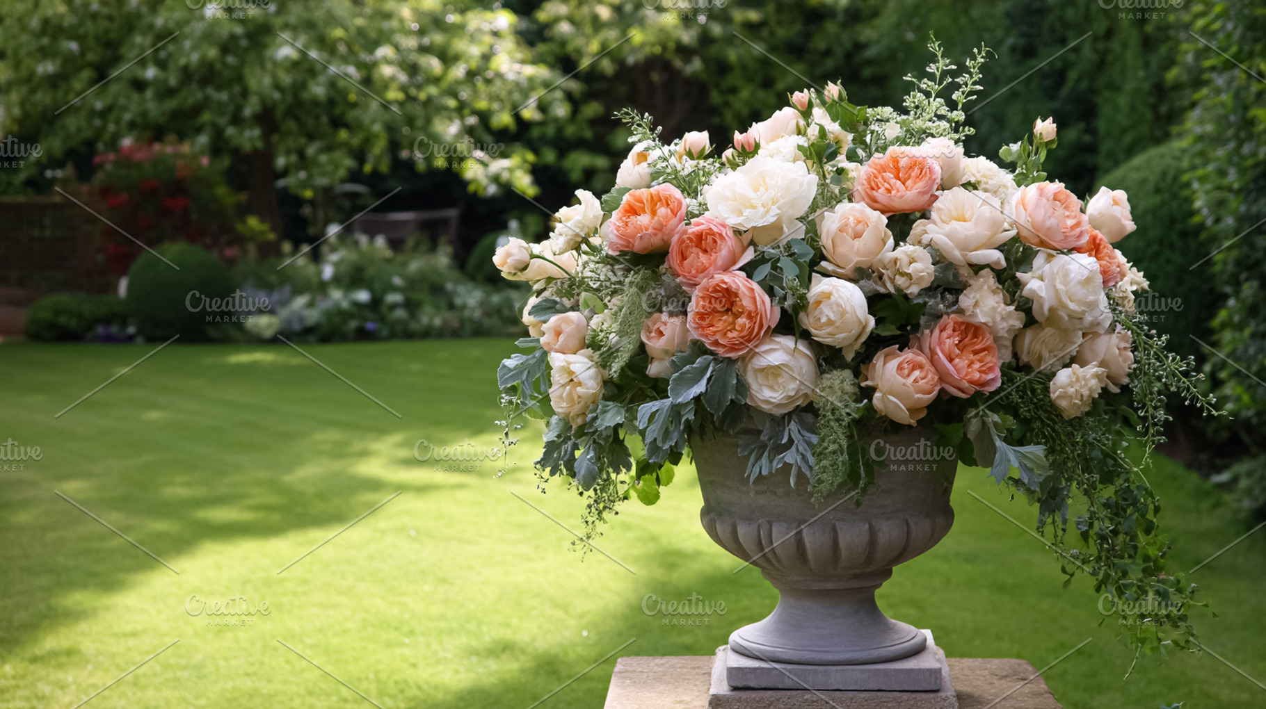 Elegant English garden bouquets in vintage vases, adorned with p, a Nature Photo by Studio ANNA