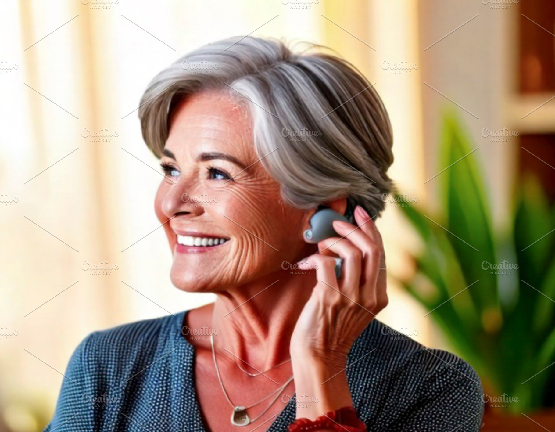 Senior woman smiling using a hearing aid device, a Health & Medical Photo by DanFLCreativo