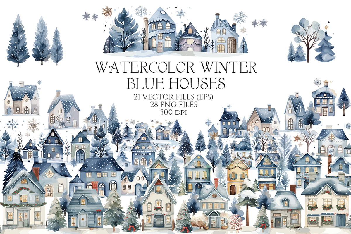 Watercolor Winter Blue houses, an Object Illustration by Evgeniia (Photo 1 of 6)