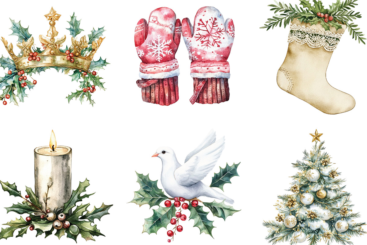 Watercolor Elegant Christmas Clipart, an Illustration by CraftArtStudio (Photo 2 of 6)