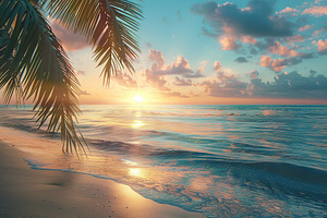 Sand on beach on ocean and sunset sky background, palm tree, a Photo by AlyaAnd