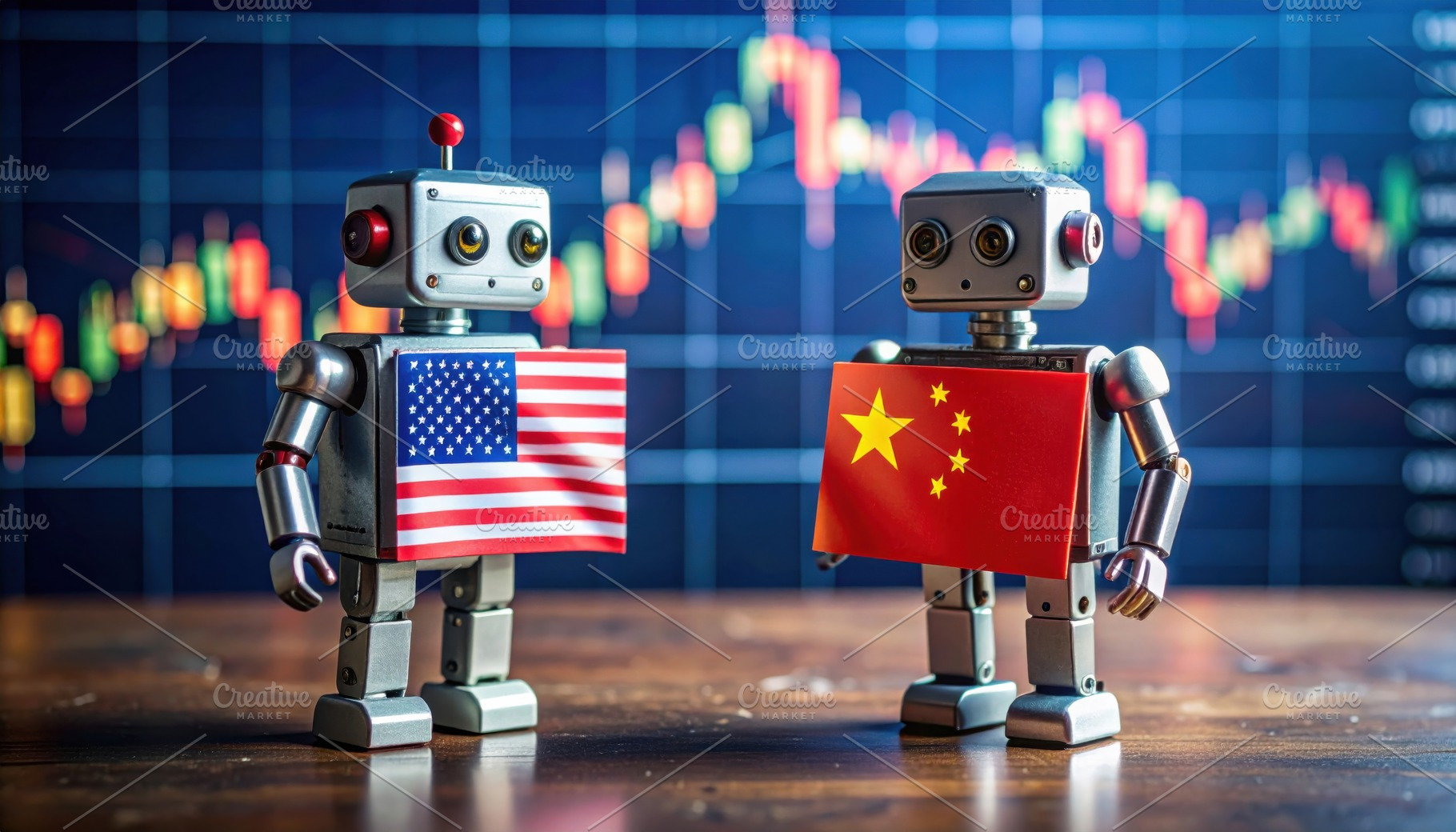 Toy robots with US and China flags for tech race, a Technology Photo by Igor Tichonow