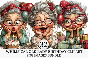 Whimsical Old Lady Birthday Clipart, an Illustration by Craft Nest