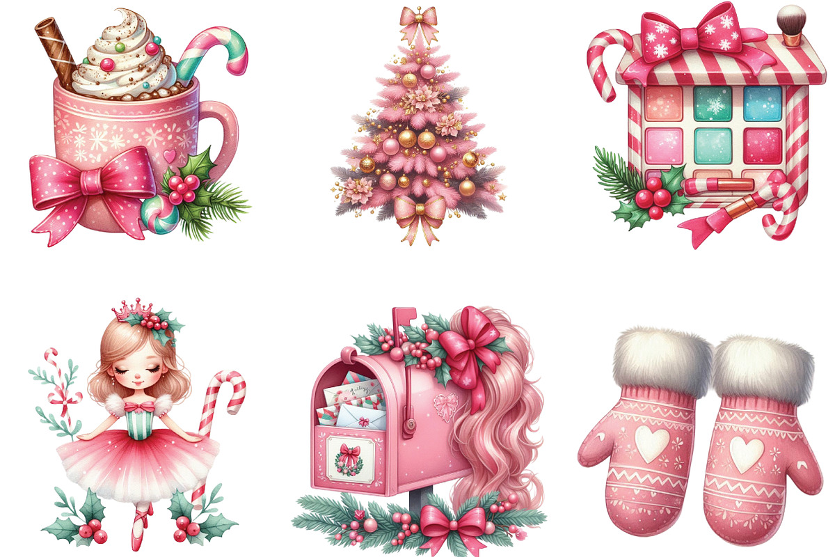 Girly Christmas Watercolor Clipart, an Illustration by CraftArtStudio (Photo 3 of 6)