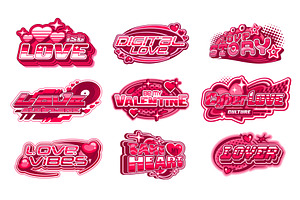 Valentine day love y2k labels, a Seasonal Illustration by Vector Tradition