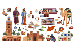 Cartoon morocco elements. Touristic, an Object Illustration by YummyBuum