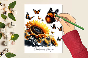 Watercolor Sunflower And Butterfly